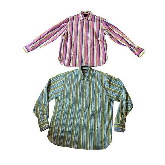 2 Paul Fredrick Mens Classic Fit Dress Shirts Pink & Green Striped Medium - Picture 1 of 9